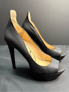 Jessica Simpson Black Platform Snake Print Leather High Heel Peep Toe Pump Sexy